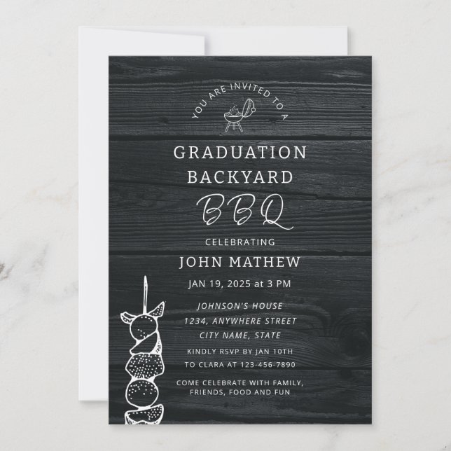 Invitación Partido de Graduación Rustic Wood Black (Anverso)