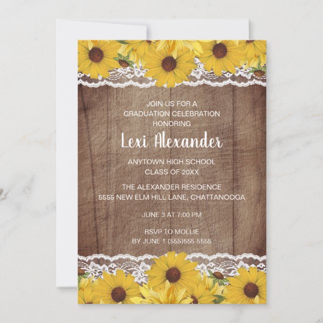Invitación Partido de Graduación Rustic Wood Sunflowers Lace (Anverso)