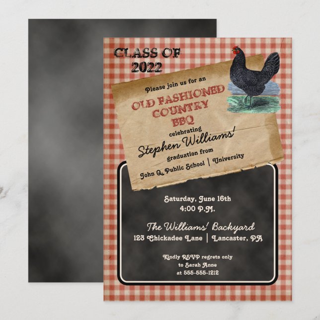 Invitación Partido de Graduación Rústica de Cocina de Pollo (Anverso / Reverso)