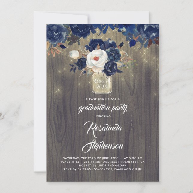 Invitación Partido de Graduación Rustica de Floral Navy Mason (Anverso)