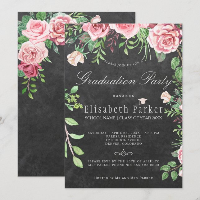 Invitación Partido de Graduación Rústica de Rosas Rosa (Anverso / Reverso)
