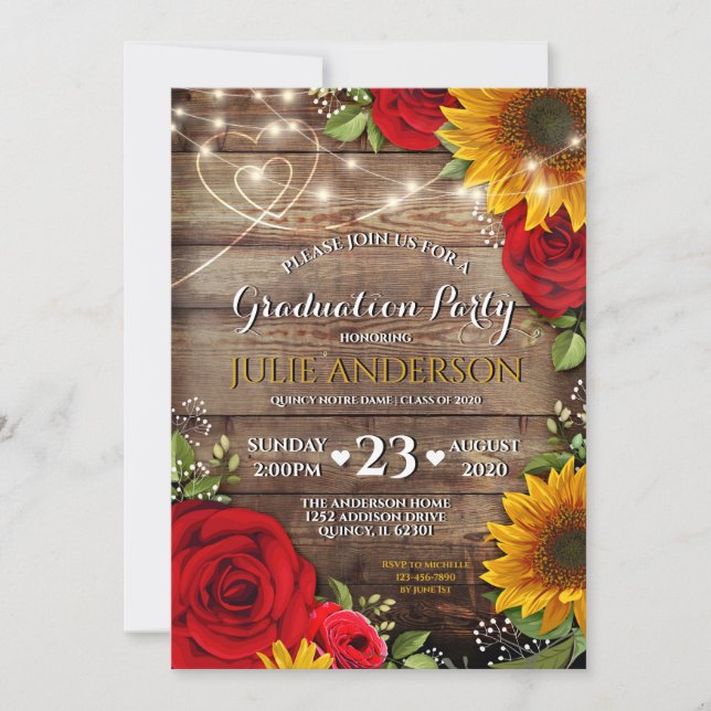 Invitación Partido de Graduación Rústica del Girasol y el Ros (Anverso)