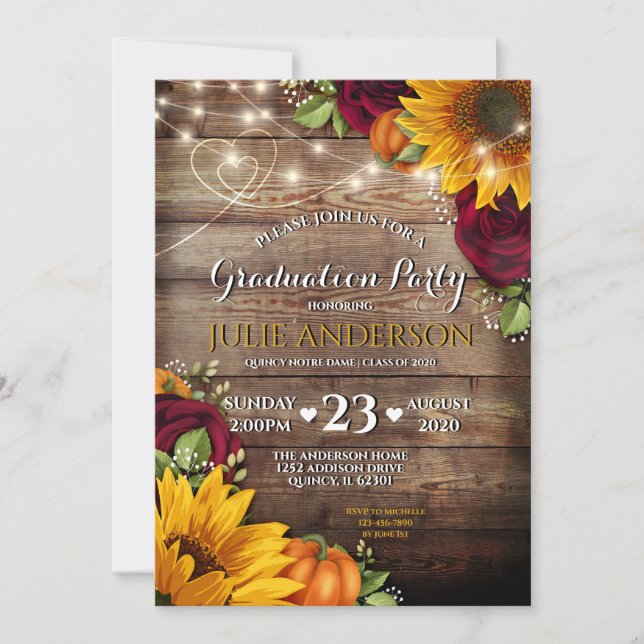Invitación Partido de Graduación Rústica del Girasol y el Ros (Anverso)