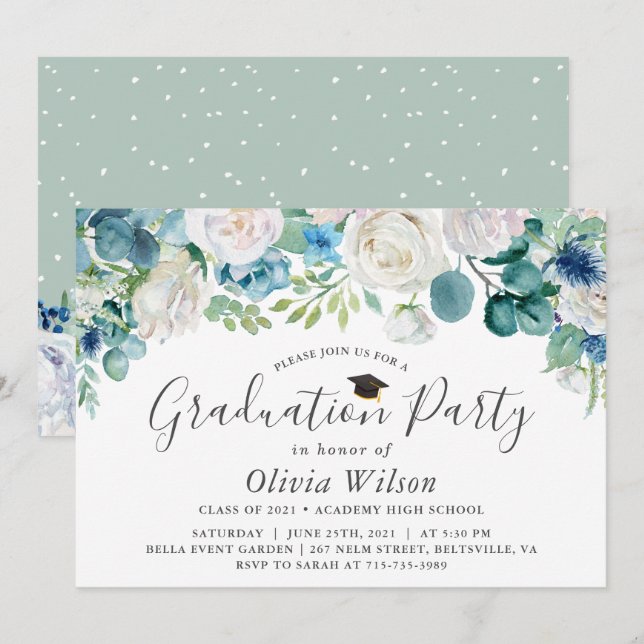 Invitación Partido de Graduación Sage Green Blue Floral (Anverso / Reverso)