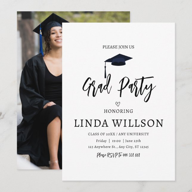 Invitación Partido de Graduación Sencilla Fotográfica en Blan (Anverso / Reverso)