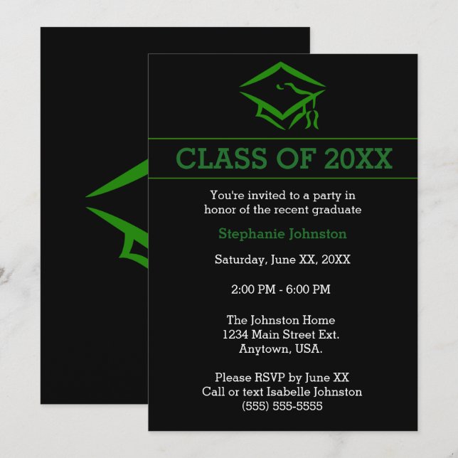Invitación Partido de Graduación Simple Black Green Mortarboa (Anverso / Reverso)