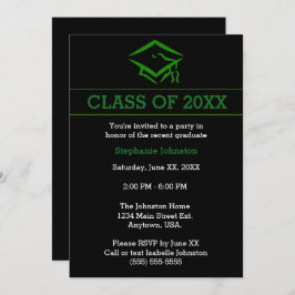 Invitación Partido de Graduación Simple Black Green Mortarboa