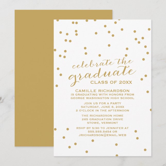 Invitación Partido de Graduación Simple de Confetti de Oro (Anverso / Reverso)