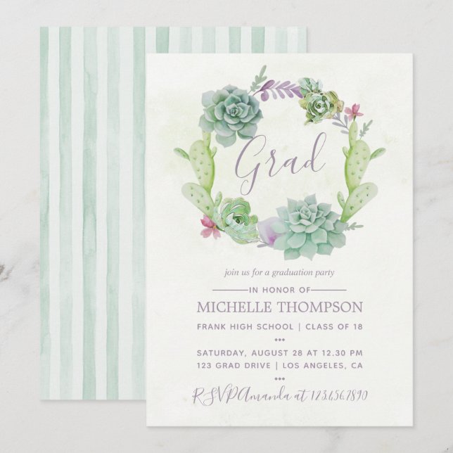 Invitación Partido de Graduación Suculento de Cactus de Acuar (Anverso / Reverso)