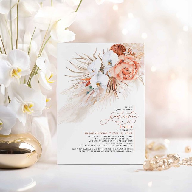 Invitación Partido de Graduación Terracotta Floral Pampas (Graduation Invitations with White Orchids and Terracotta Foliage)