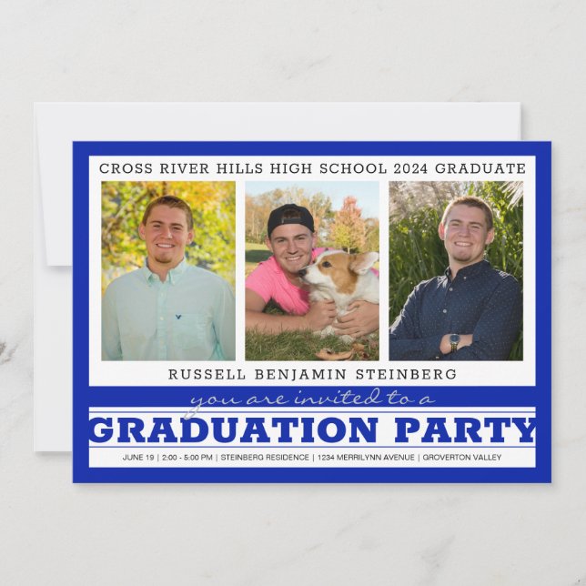 Invitación Partido de Graduación Tres Fotos Royal Blue & Silv (Anverso)