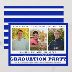 Invitación Partido de Graduación Tres Fotos Royal Blue & Silv