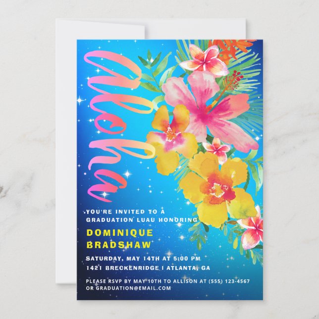 Invitación Partido de Graduación Tropical Aloha Luau (Anverso)