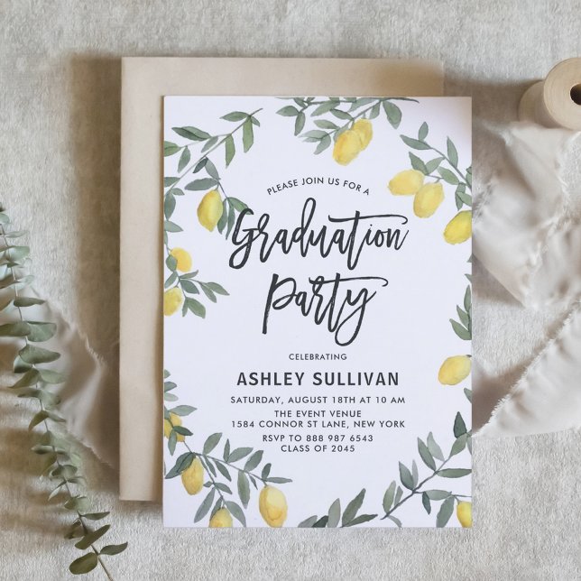 Invitación Partido de Graduación Tropical de la Guerra del Li (Customizable boho graduation invitation featuring watercolor lemon wreath. )