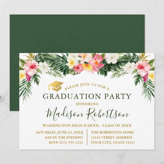 Invitación Partido de Graduación Tropical de Oro Floral (Anverso / Reverso)