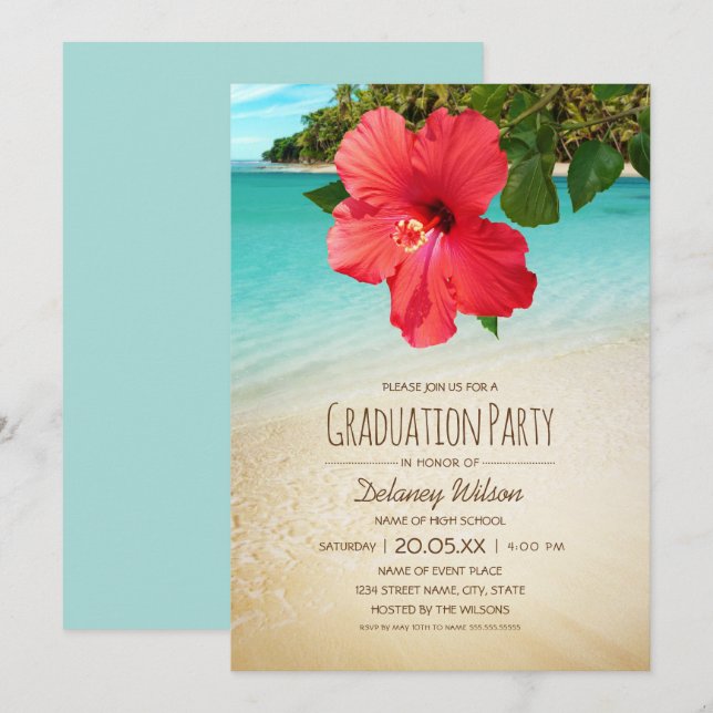 Invitación Partido de Graduación Tropical Hibiscus Hawaiian B (Anverso / Reverso)