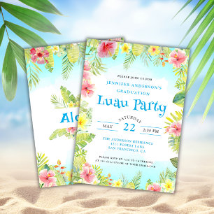 Invitación Partido de Graduación Tropical Luau Aloha Azul