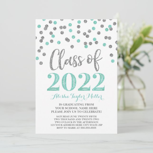 Invitación Partido de Graduación Turquesa Confetti Plata 2022 (Anverso de pie)