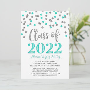 Invitación Partido de Graduación Turquesa Confetti Plata 2022
