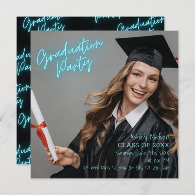 Invitación Partido de Graduación Turquesa Neon Moderno (Anverso / Reverso)