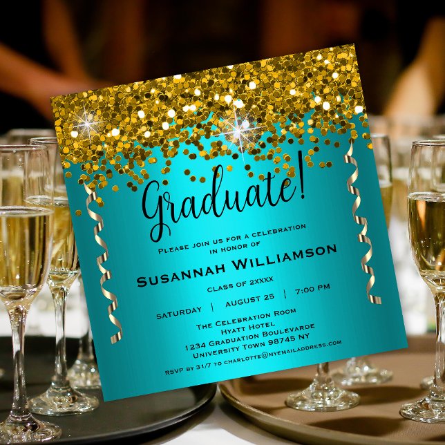 Invitación Partido de Graduación Turquesa y Purpurina Oro (Subido por el creador)