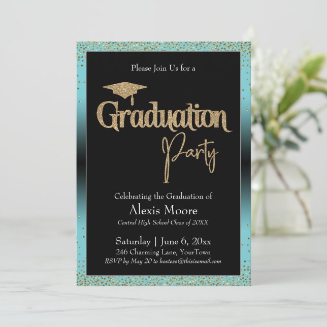 Invitación Partido de Graduación Turquoise Ombre Confetti (Anverso de pie)