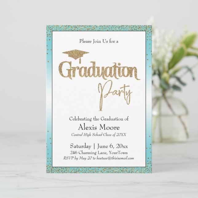Invitación Partido de Graduación Turquoise Ombre Gold Confett (Anverso de pie)