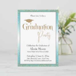 Invitación Partido de Graduación Turquoise Ombre Gold Confett