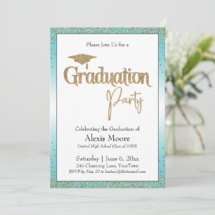 Invitación Partido de Graduación Turquoise Ombre Gold Confett