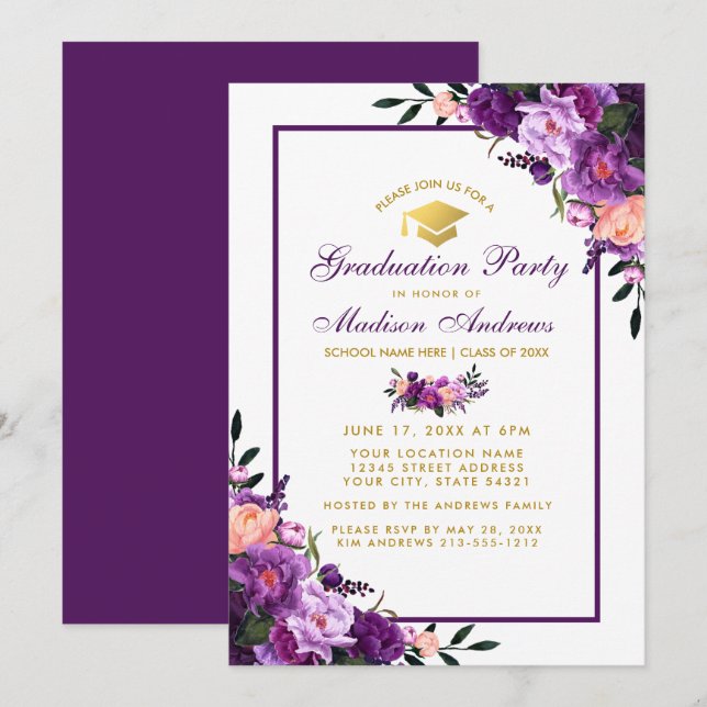 Invitación Partido de Graduación Ultra Violeta Púrpura Invita (Anverso / Reverso)