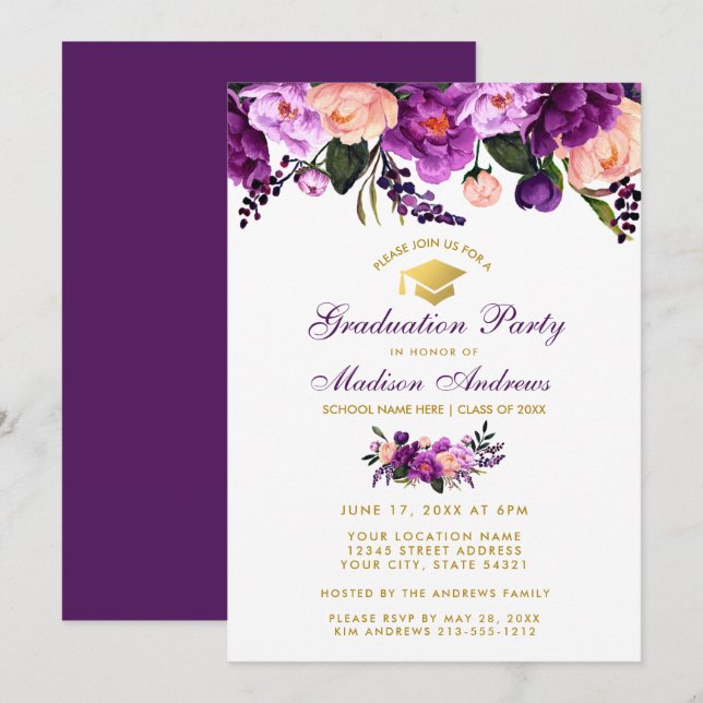 Invitación Partido de Graduación Ultra Violeta Púrpura Invita (Anverso / Reverso)