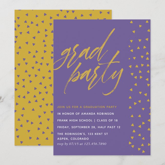Invitación Partido de Graduación Ultra Violeta y Oro (Anverso / Reverso)