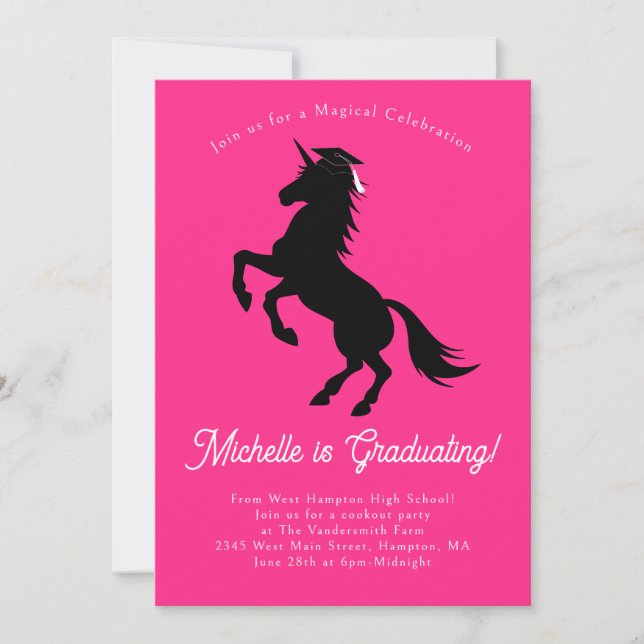 Invitación Partido de Graduación Unicornio Rosa y Negro (Anverso)