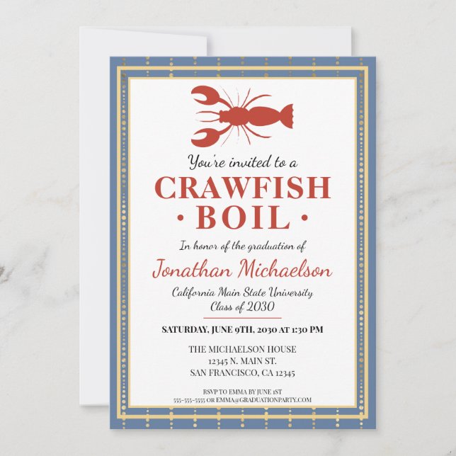 Invitación Partido de Graduación Universitario Crawfish Boil  (Anverso)