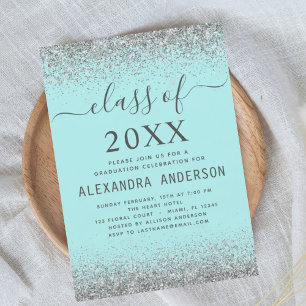 Invitación Partido de Graduación Verde azulado Aqua Blue Silv