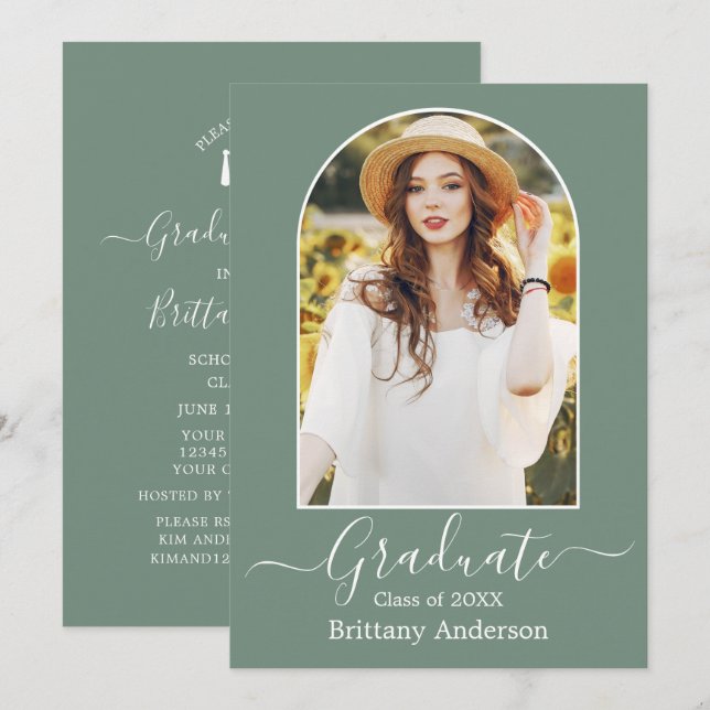 Invitación Partido de Graduación Verde de Arco Moderno (Anverso / Reverso)