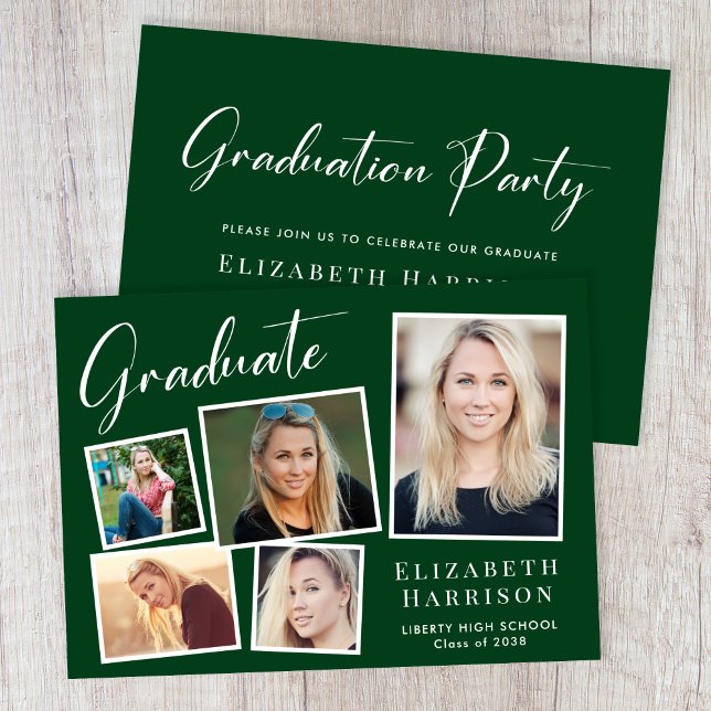 Invitación Partido de Graduación Verde de Collage de fotos Mo (A modern photo collage graduation party invitation to celebrate the graduate's achievements)
