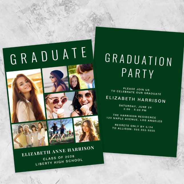 Invitación Partido de Graduación Verde de Collage de fotos Mo (A modern photo collage graduation party invitation to celebrate the graduate's achievements)