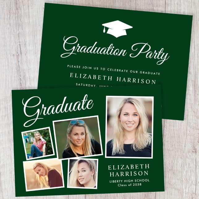 Invitación Partido de Graduación Verde de Collage de fotos Mo (A personalized photo graduation party invitation to celebrate the graduate's achievements)