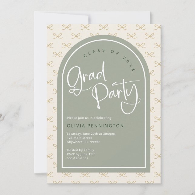 Invitación Partido de Graduación Verde de Cute Bows Sage (Anverso)