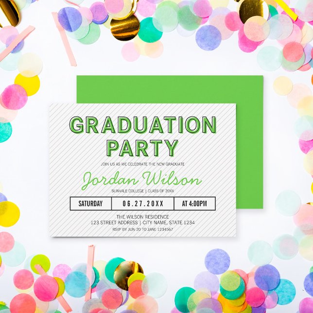 Invitación Partido de Graduación Verde de Rayas Modernas (Subido por el creador)