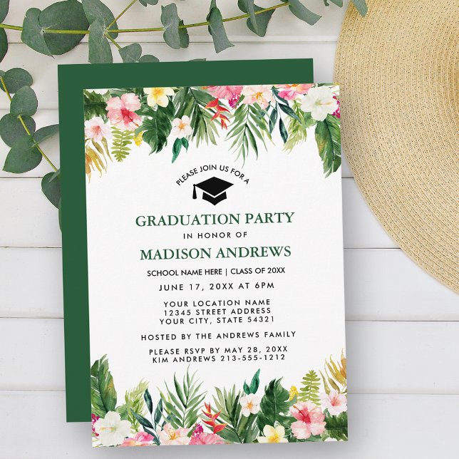 Invitación Partido de Graduación Verde Floral Tropical (Customize to change text color, style, add text & photos to back or change color of back of card.)