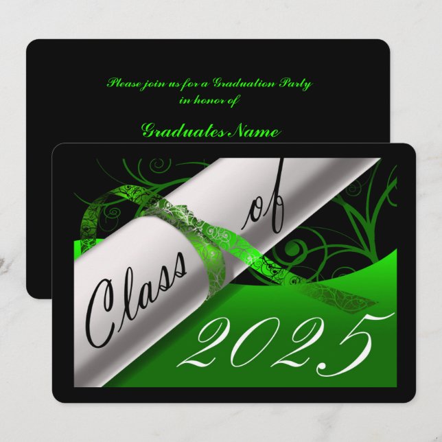 Invitación Partido de Graduación Verde y Negro (Anverso / Reverso)