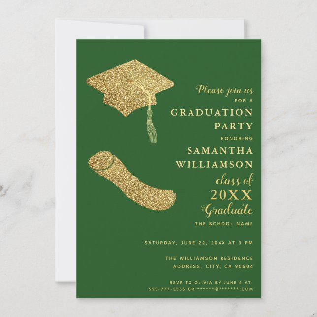 Invitación Partido de Graduación Verde y Oro Simple (Anverso)