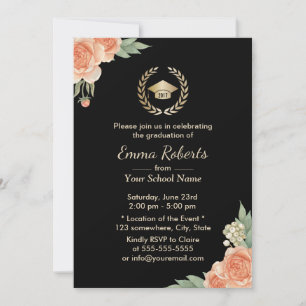Invitación Partido de Graduación VIntage Floral Modern Black