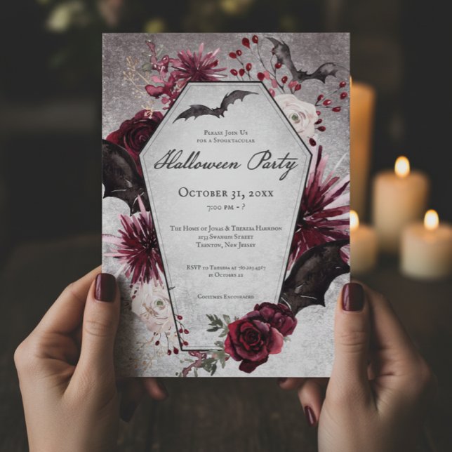 Invitación Partido de Halloween de Borgoña Rusa y Coffin Negr (Subido por el creador)