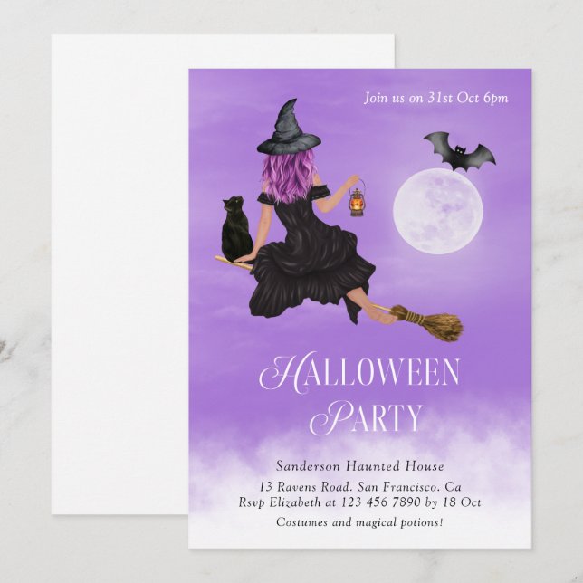 Invitación Partido de Halloween de Brujas Mágicas (Anverso / Reverso)