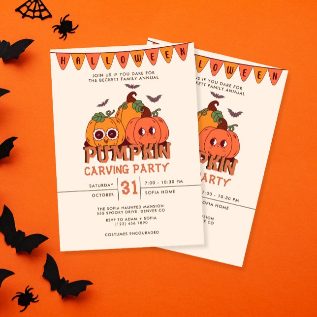 Invitación Partido de Halloween de Calabaza Retro Cuidada (Subido por el creador)