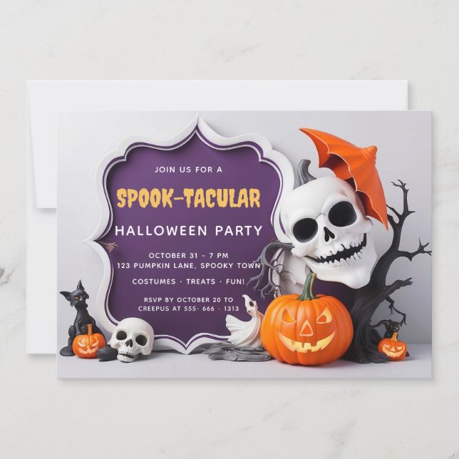 Invitación Partido de Halloween de Cuadros Skeleton y Pumpkin (Anverso)