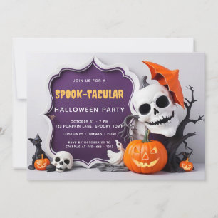 Invitación Partido de Halloween de Cuadros Skeleton y Pumpkin